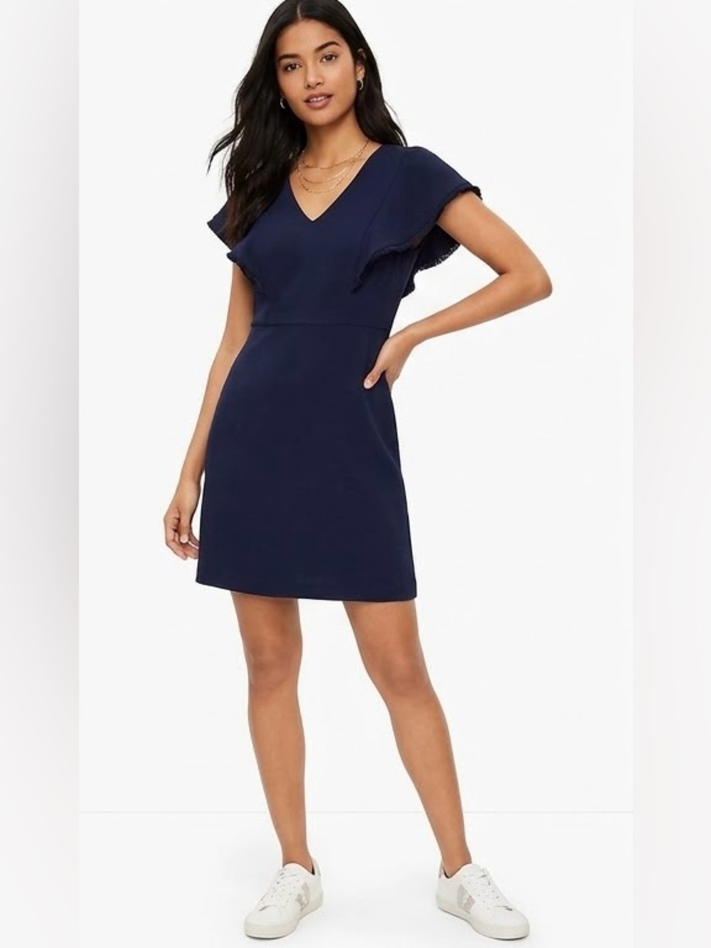 LOFT $90 NWT Navy Flutter Sleeve Frayed Trim Shift Mini Dress Size 0P